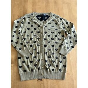 Ye Mak Cat Print Cardigan Sweater Womens S Beige Black Button Front Cute